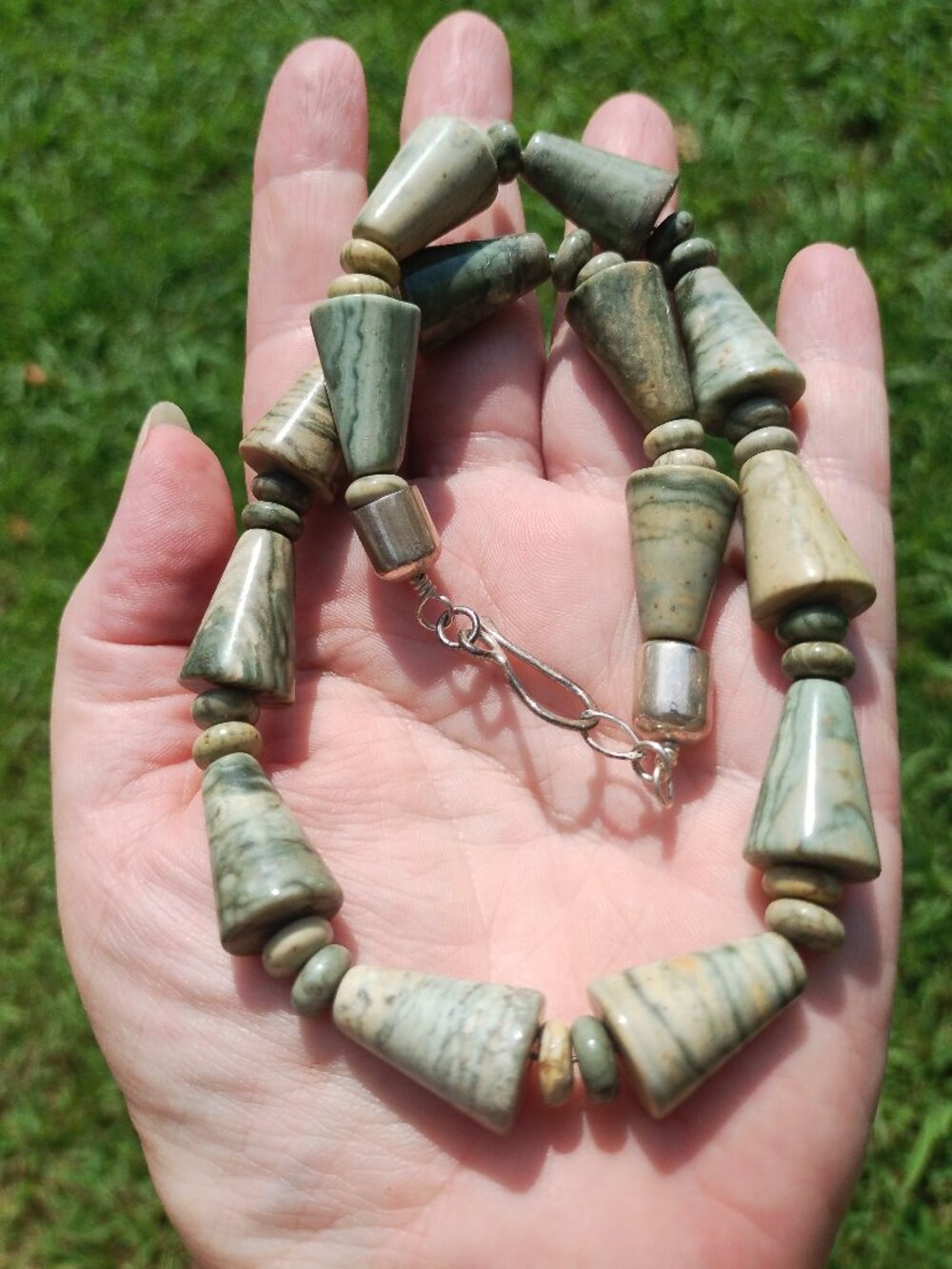 Jay King DTR mine finds Necklace Green Jasper Stone Cone Beads 925 Sterling Silv